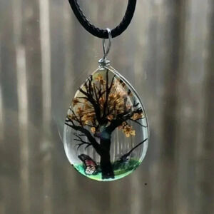Orange Butterfly Tree Real Flower Teardrop Pendant Necklace NWT